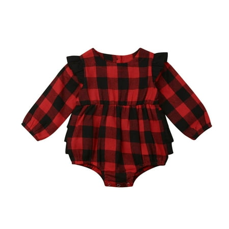 

Suanret Newborn Baby Girls Clothes Ruffle Long Sleeve Classic Plaids Romper Jumpsuit Outfits Red 12-18 Months