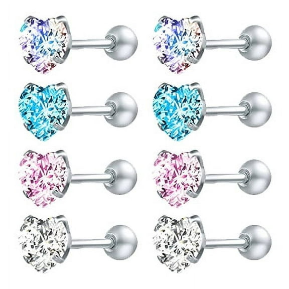 ZS 4 Pairs Heart Crystal Stud Earrings 316L Stainless Steel Ear Helix Conch Cartilage Piercing