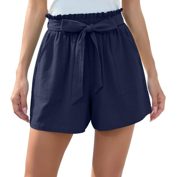 Deliqiba Women Casual Shorts Bowknot Tie Waist Summer Shorts with Pockets Navy Blue XXL
