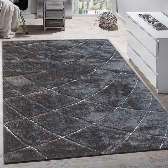 Black Plush Fluffy Shine 3D Geometric Diamond Shag 7'6" x 10'3" Area Rug/Carpet by Makymo