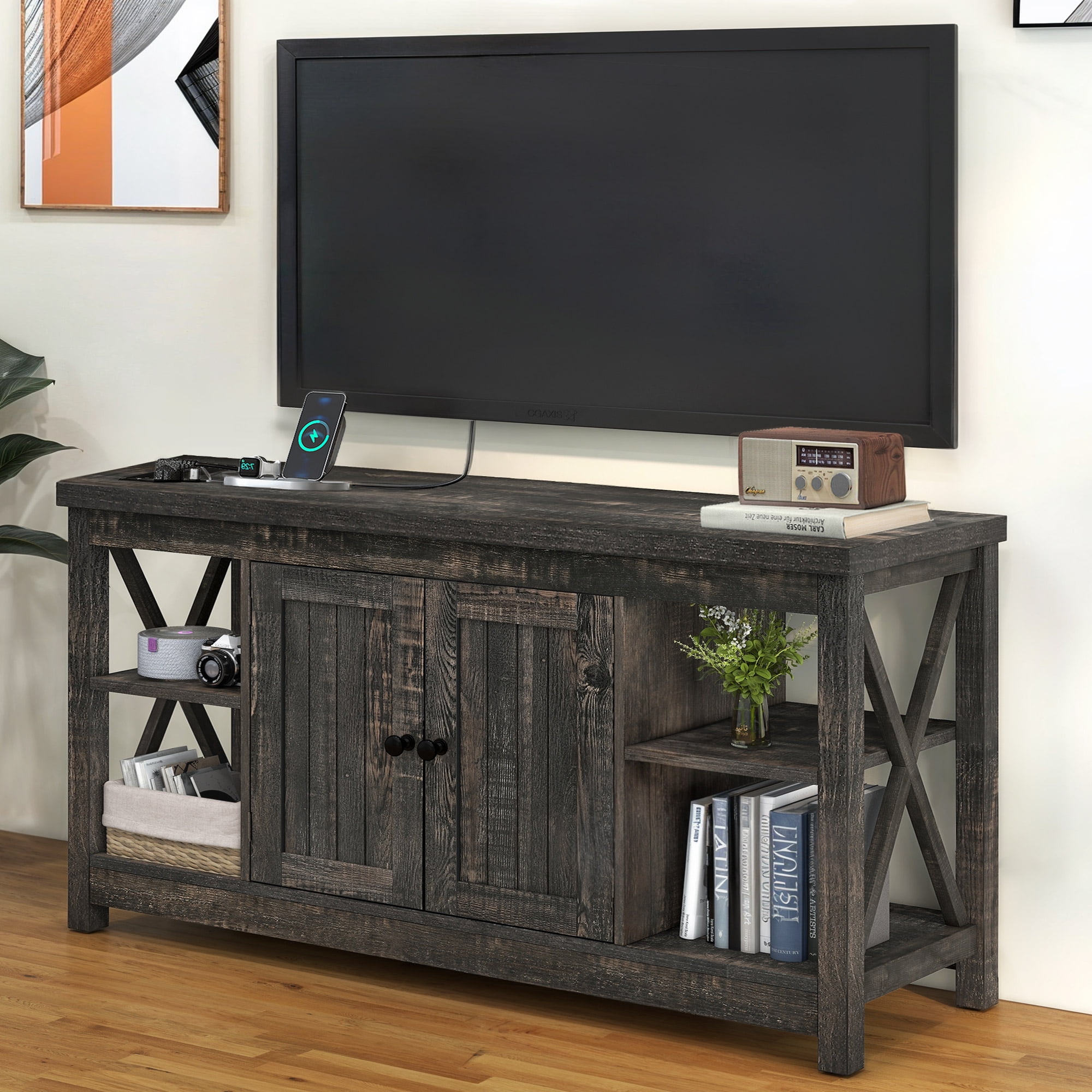 Uforic Farmhouse TV Stand with Built in Power Outlet for TVs up to 55", Wood TV Media Console, Rustic Oak