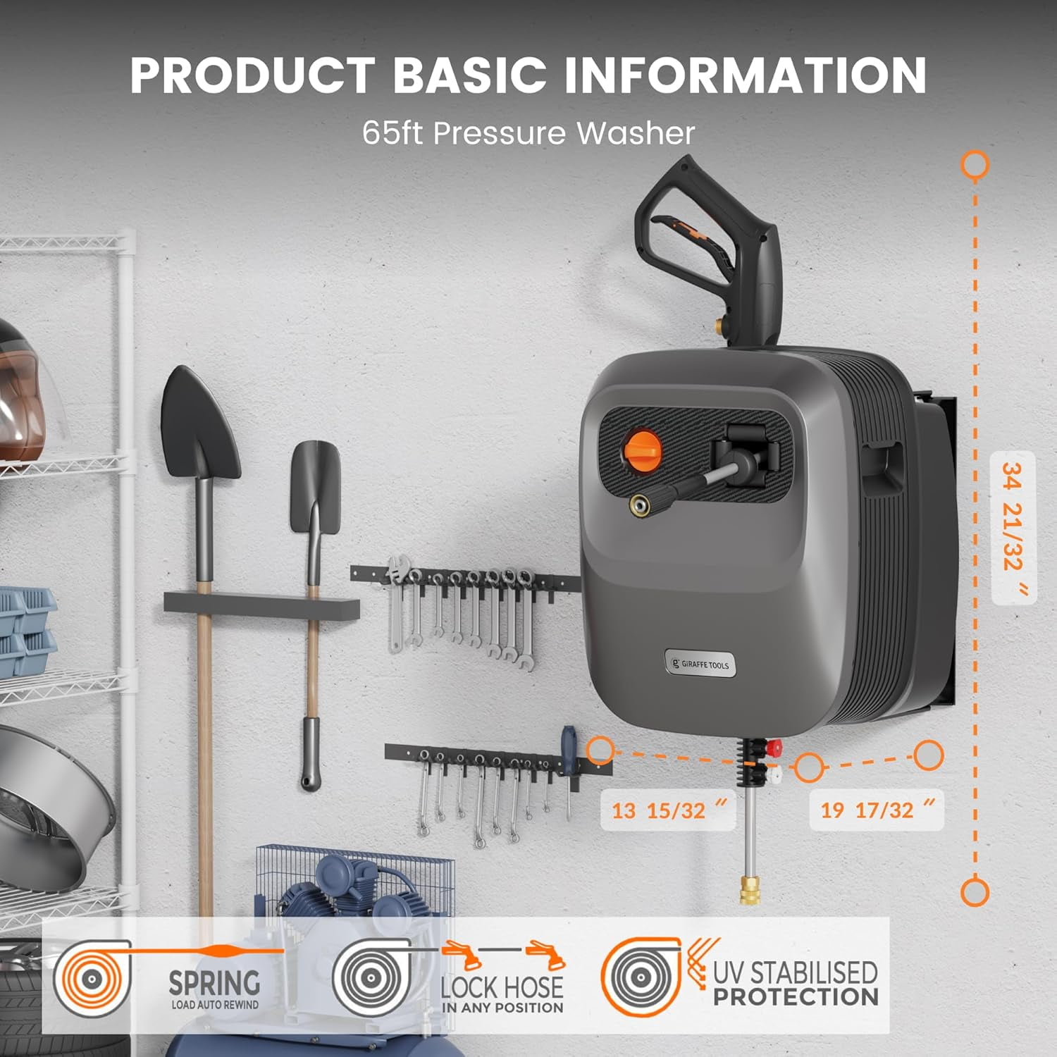 Giraffe Tools Max 2500 PSI Grandfalls Pressure Washer G20PRO with 65ft Retractable Hose Ultra-Soft Gray Hose, Wall-Mount, Bach Sliver