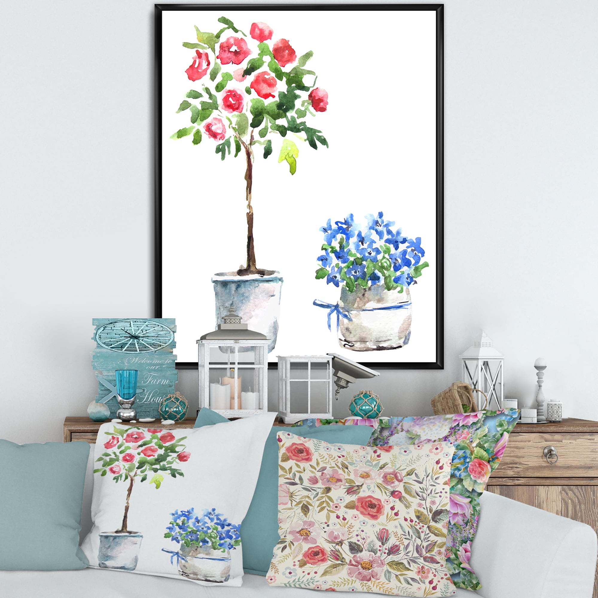 Designart 'Red and Blue Houseplants' Traditional Framed Canvas Wall Art Print