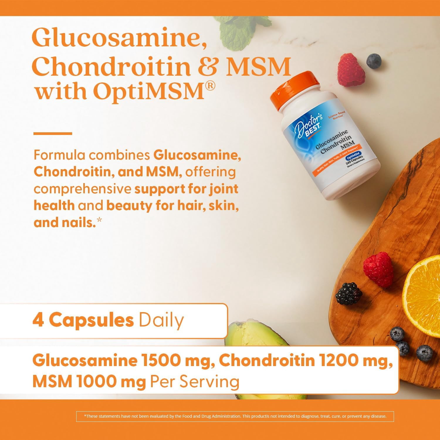Doctor's Best Glucosamine Chondroitin MSM - Joint Health Support Supplement for Women & Men, Nutritional Support for Joint Strength, Hair, Skin, & Nails, Gluten Free, Non GMO - 240 Capsules