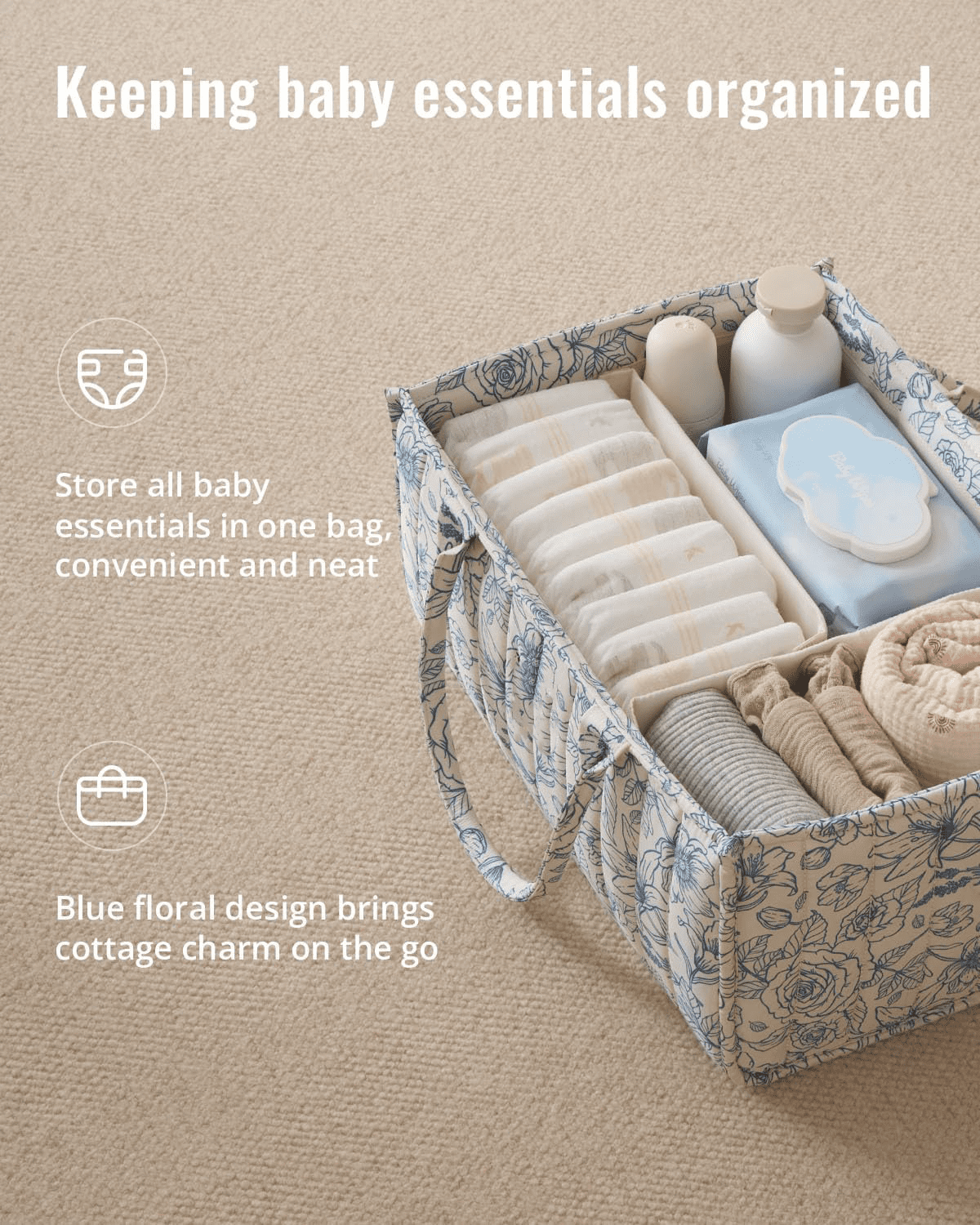 Gilysido Floral Diaper Caddy Organizer, Cotton Baby Basket, Gift for Baby Shower, Newborn Essentials, Blue Floral