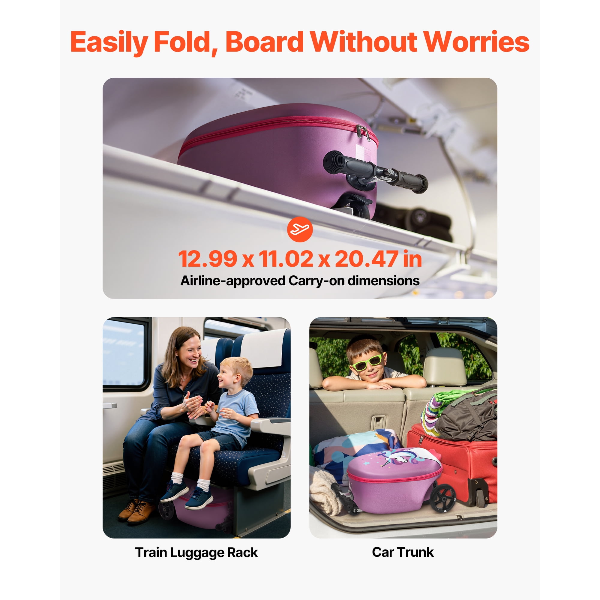 KFFKFF Ride-on Kids Luggage, 20L Capacity, 20-Inch Scooter Suitcase with Flashing PU Wheels, Adjustable Handle & Non-Slip Grip, Foldable and Lightweight Travel Companion for Children Aged 5+, Purple