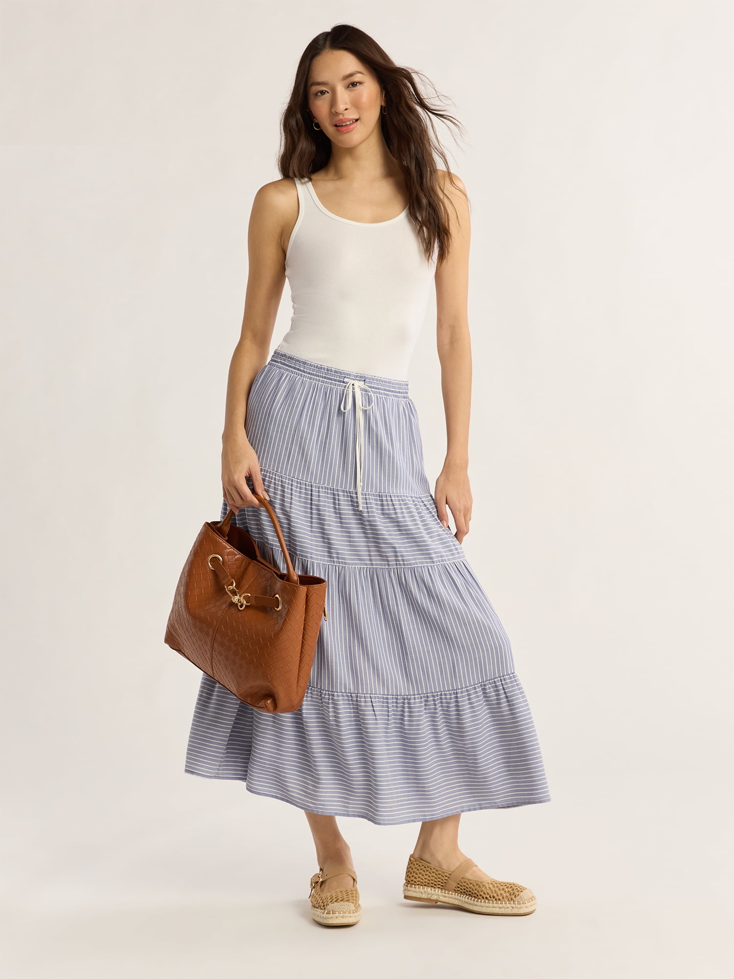 Time and Tru Women’s and Women's Plus Tiered Midi Skirt with Elastic Waistband, Sizes XS-4X