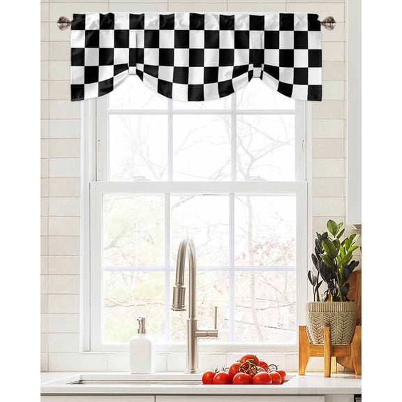 Tie Up Valance Curtain for Kitchen,Black and White Buffalo Plaid Rod Pocket Short Curtains Adjustable Tie-Up Shade Valances,Minimalist Checker Art Window Treatment for Bathroom Living Room Bedroom