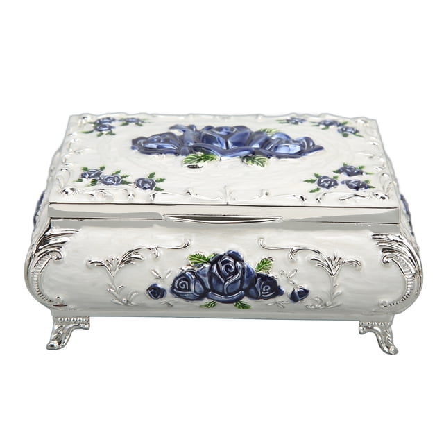 Trinket Box, Rectangular Vintage Jewelry Box For Ladies Girls Silver White Blue Rose