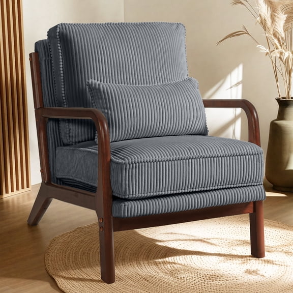 FLEXISPOT Modern Accent Chairs, Upholstered Mid Century Corduroy Armchairs with Solid Wood Frame, Comfy Lounge Reading Chairs Farmhouse Armchairs, Gray