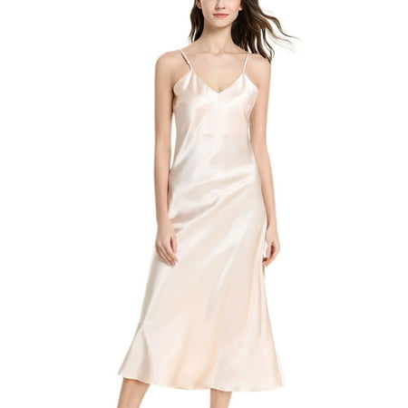 Defitshape Women s Satin Nightgown Soft Silk Luxurious Long Night Gown Sleepwear Slim Fit V Neck Sleep Dress Spaghetti Strap Lingerie Golden Small