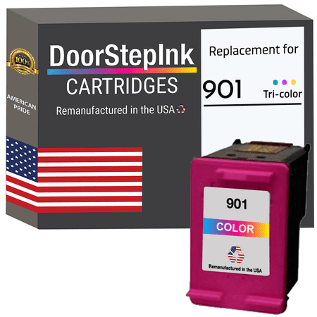 DoorStepInk High Yield Ink Cartridge for 901 CC656AN Tri-Color DoorStepInk Remanufactured in The USA High Yield Ink Cartridge for 901 CC656AN Tri-Color DoorStepInk Cartridge has been remanufactured in the USA using state-of-the-art technology under strict quality control to ensure the quality of all HP inks at a high level. We remanufacture each cartridge to the highest quality standards to match OEM ink level  color  and performance guaranteed. DoorStepInk is a leader and award-winning recycler of inkjet cartridges. Our ink cartridges allow pictures to come out sharp with strong details for a more realistic appearance and higher quality. Each one is remanufactured using the latest technology and customized equipment to produce the highest quality ink cartridges in the world. It s capable of delivering a wide range of colors. Each print from this tri-color ink cartridge will stay vibrant for a long time. This Inkjet Print Cartridge is also compatible with several different models. Key Features: Every cartridge is remanufactured in the USA Plug and print for brilliant  sharp  and high-quality printouts 100% satisfaction guaranteed Page Yield: 360 Tri-Color Environmentally friendly ink cartridges The use of remanufactured printing supplies does not void your printer
