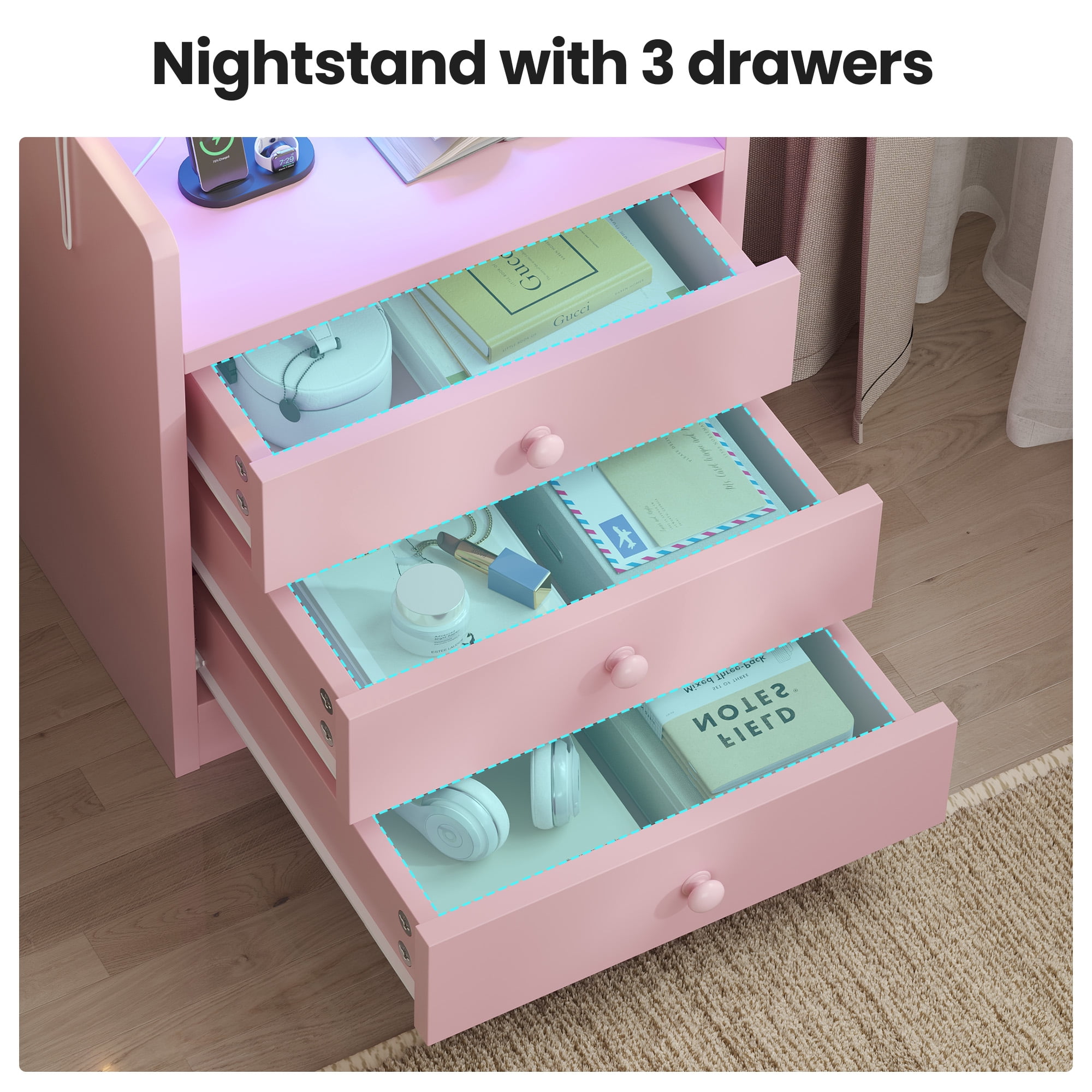 Pink Nightstand with Charging Station and LED Lights for Bedroom, Morden Night Stand with Hutch and Storage Drawers,End Side Table- 1Pcs