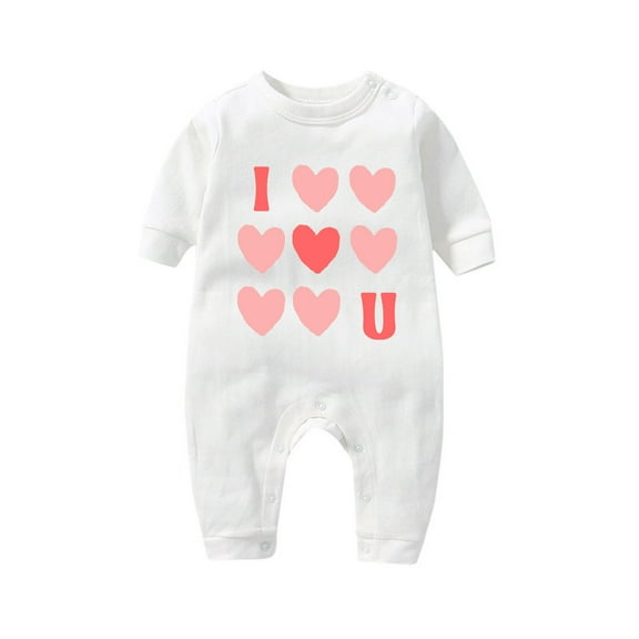 Zwiiyzr Newborn Baby Clothes Kids Girls Boys Long Sleeve Valentine's Day Heart Print T-Shirt Romper Newborn First Outfit One Piece Clothes White