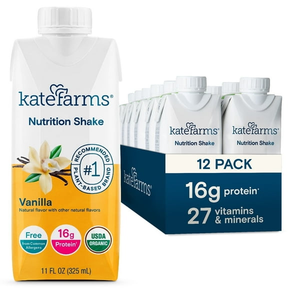 Kate Farms Organic Adult Nutrition Shake, Vanilla, 16g protein, 27 Vitamins and Minerals, 11 oz (12 Pack)