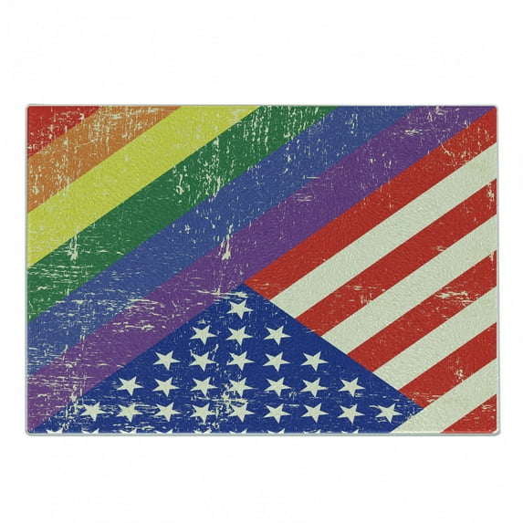 Vintage Rainbow Cutting Board, Worn out Pride Flag and Old Glory Patriotism Freedom and LGBT Themed Design, Decorative Tempered Glass Cutting and Serving Board, Small Size, Multicolor, by Ambesonne