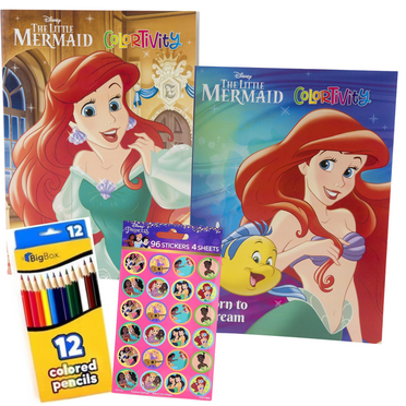Disney Little Mermaid set of 2 Coloring Books, Stickers, and Coloring Pencils