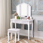 Gymax Bathroom Tri Folding Mirror Vanity Makeup Table Stool Set White