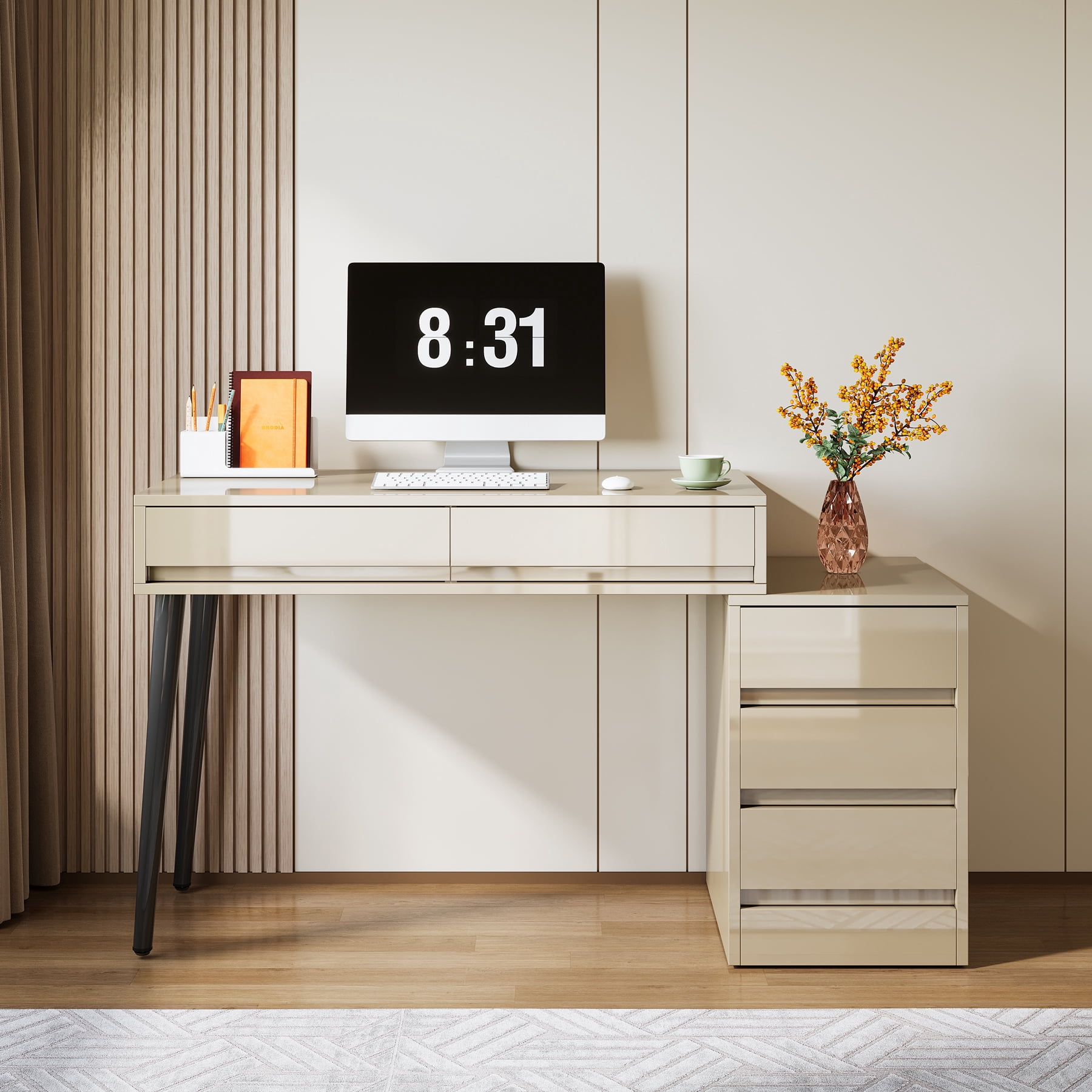 Finmind White Desk with 5 Drawers, Modern Home Office Desk with Storage Drawers and Printer Stand, Reversible Computer Desk Vanity Desk for Bedroom, Living Room