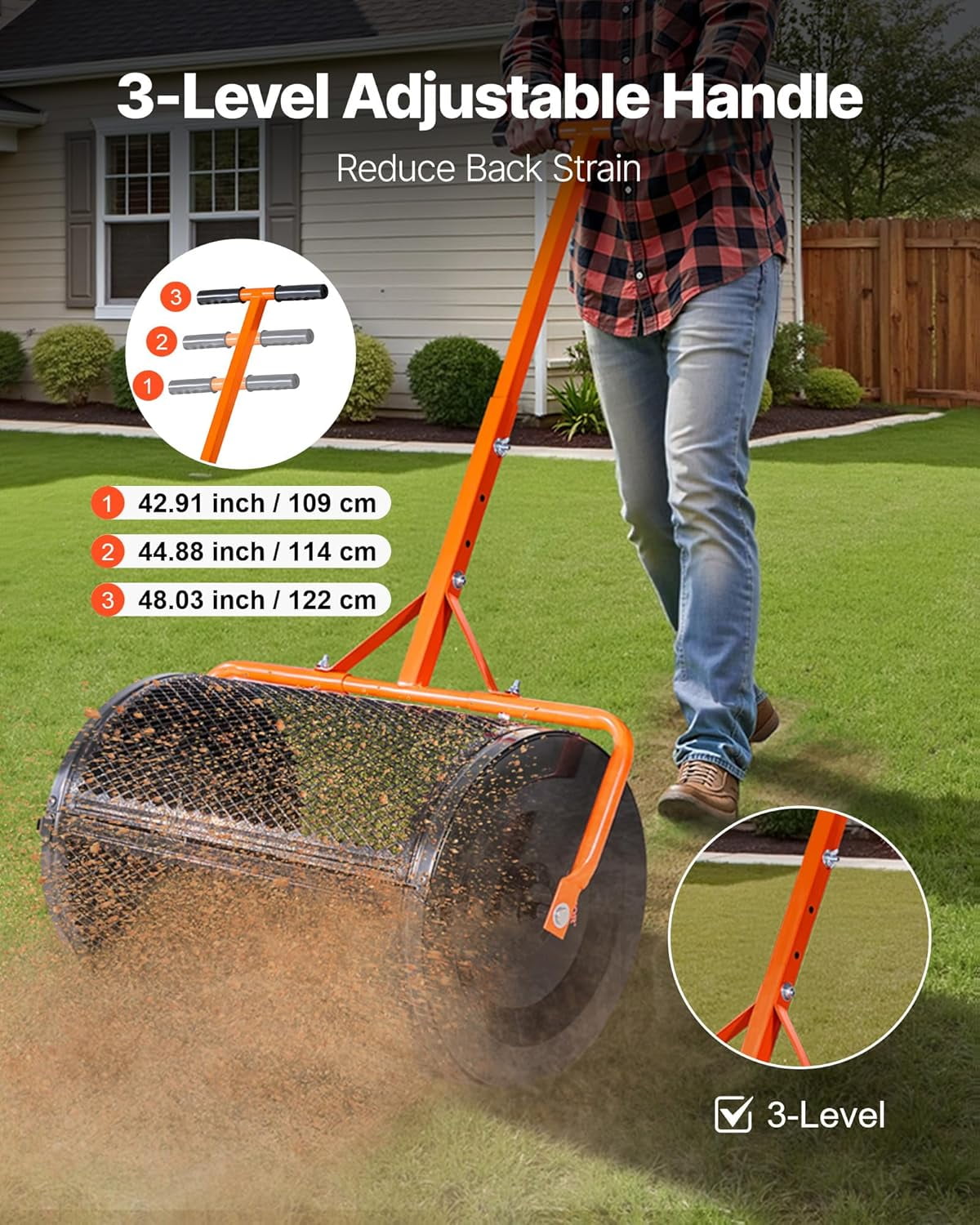 Garden Peat Moss Roller, Compost Spreader, 24 in Wide Heavy Duty Grass Seed Spreaders with T Shaped Handle, 3 Heights Adjustable, Powder-Coated Steel Peat Moss Spreader for Planting Seeding