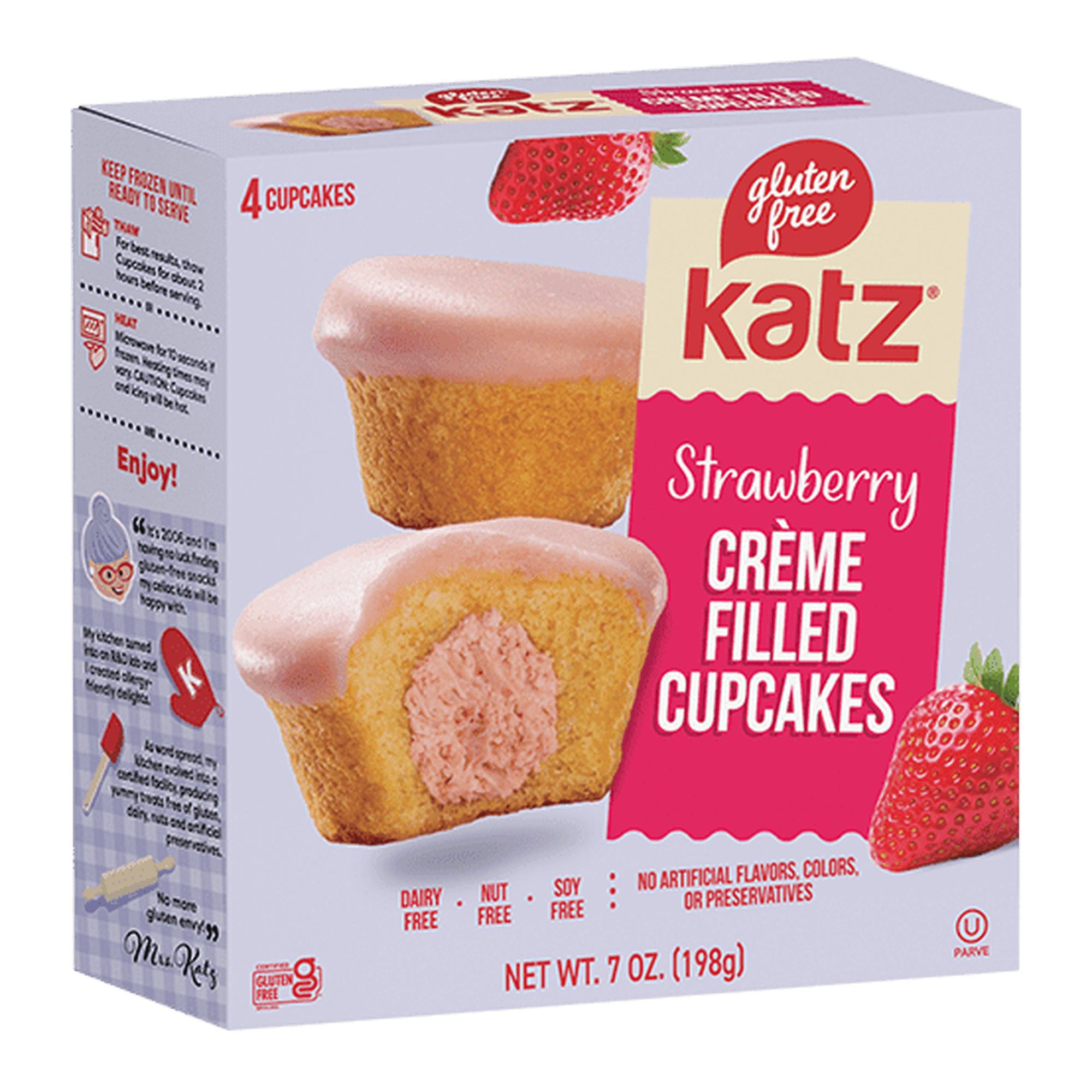 Katz Gluten Free Creme Filled Cupcakes - Strawberry |Gluten Free Dairy Free Nut Free Soy Free Kosher | (1 Pack 7.0 Ounce Each)