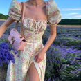 thumbnail image 3 of Women Floral Print Long Dress Summer Puff Sleeve Square Neck Tie Front High Split Dress Ruched Drawstring Chic Dresses Vestidos, 3 of 7