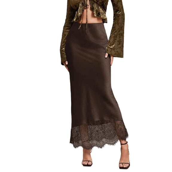 Women'S Elegant Satin Skirts High Waisted Lace Flared Casual Work Office Fishtail Midi Skirt Dark Brown XS