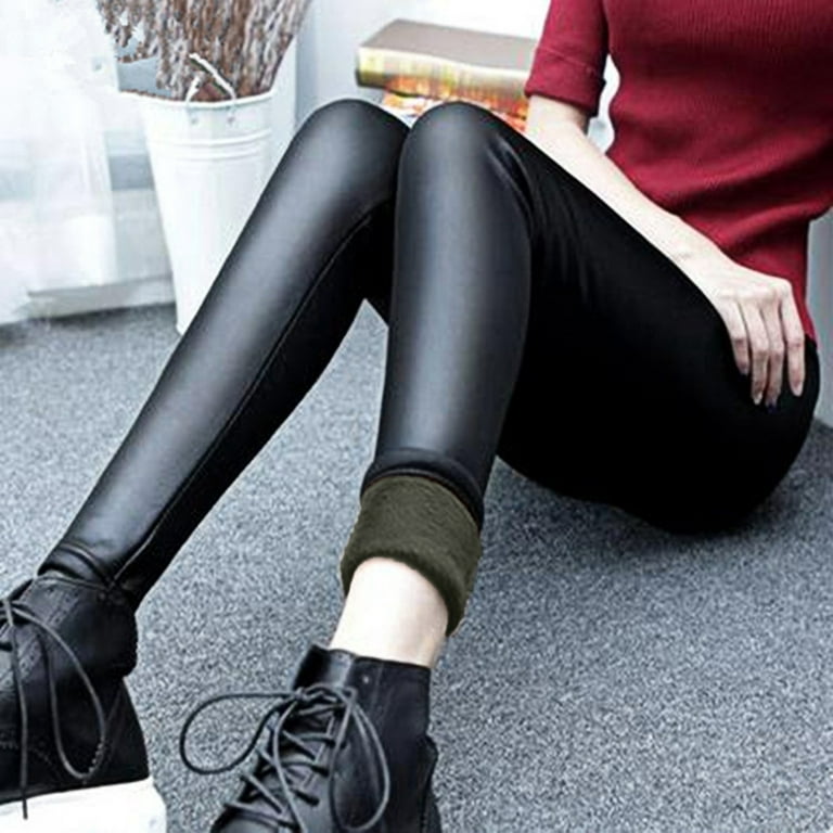 Women Fleece Lined Faux Leather Leggings, Warm High Waisted Yoga Pants  Workout Stretchy Faux Leather Leggings Pants Sexy High Waisted Tights