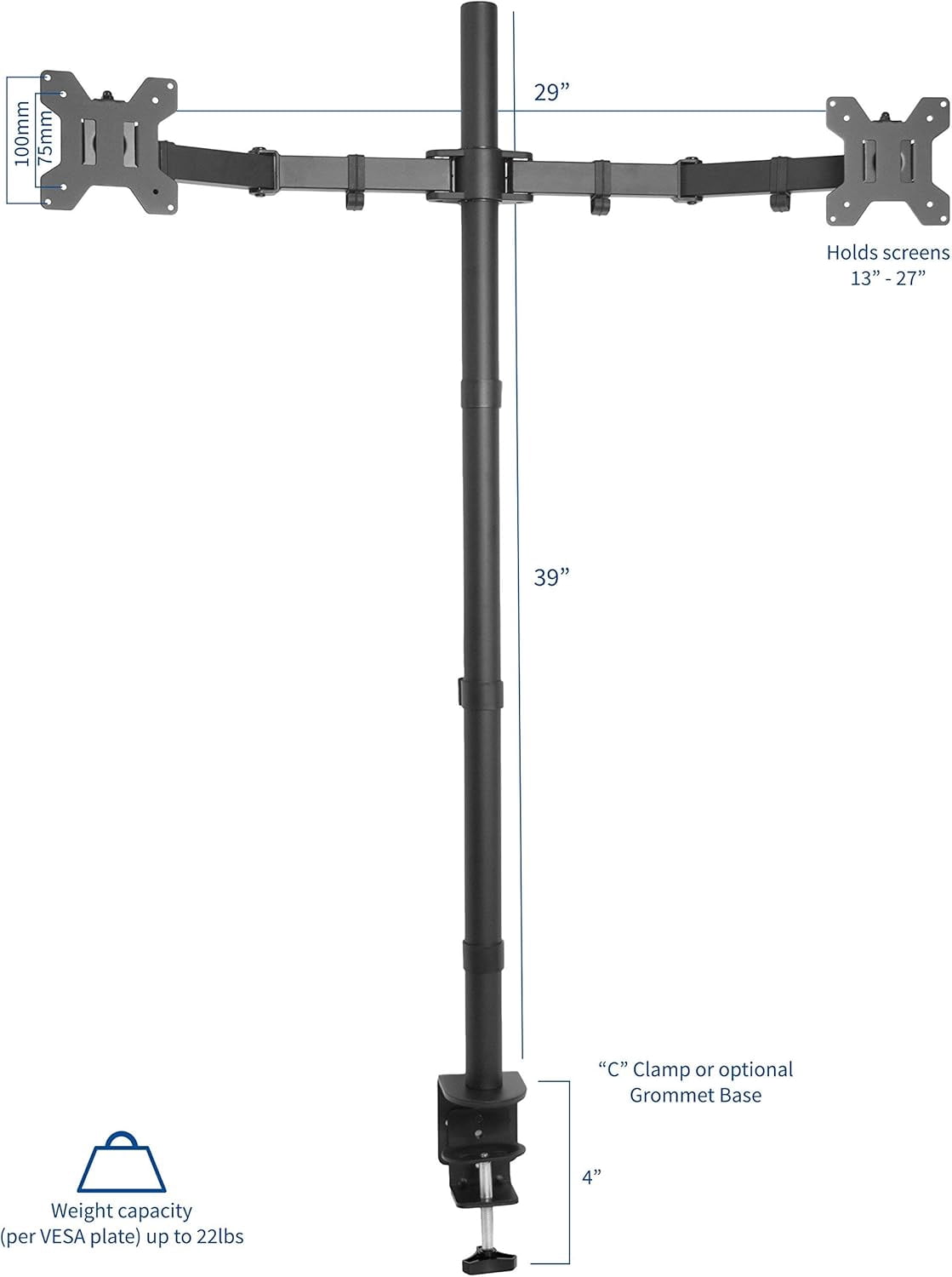 Dual Monitor Stand  Desk Mount  Tall 39 inch Pole Fully Adjustable for 13 to 27 inch Screens Black STAND-V012
