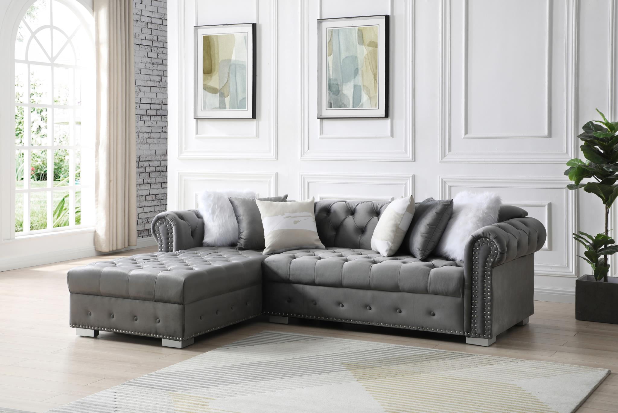 Grey Velvet 2 Piece Sectional w/ Nailhead