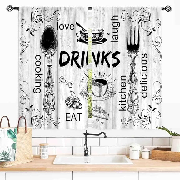Rustic Kitchen Curtians, Farmhouse Fork and Spoon Woodern Plank Board Cook Theme Coffee Time Vintage Cottage Cafe Living Room Bedroom Window Curtains Drapes Treatments 2 Panels, 27.5x36 Inch