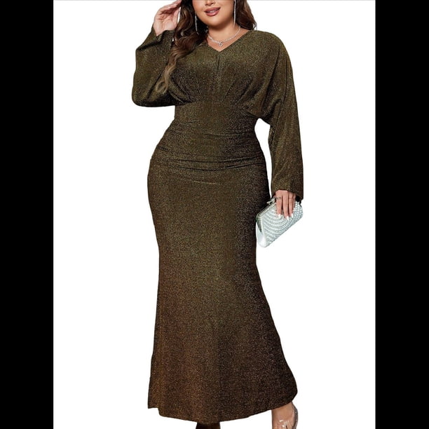 Vestido de Noche para Mujer, con Purpurina, Larga, Escote en V, Ajustado, Formal, con Lentejuelas, Talla Grande XXL