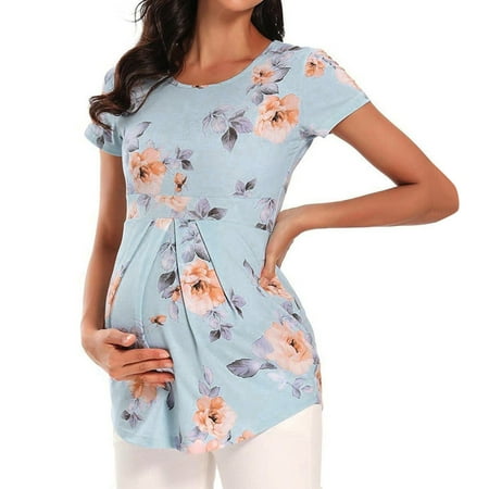 

Wesracia Women s Tops Maternity Nursing Breastfeeding Floral Printed Shirt Double Layer Soft Short Sleeve Pregnancy Clothes