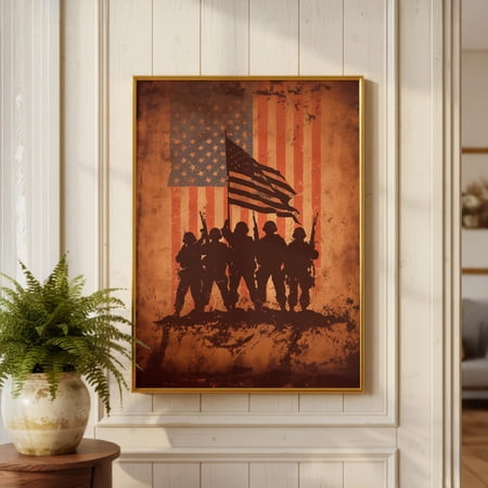 Vintage American Flag Wall Art Soldier Silhouette Patriotic Military Decor Veteran Retirement Gift Memorial Day Tribute Art Unframed Canvas
