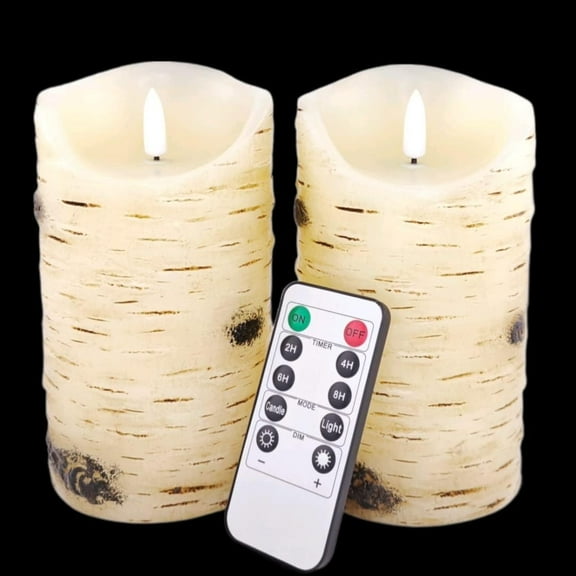 Flameless Candles  Candles Birch Bark Effect Set of 2 (D:3.25" X H:6")  Real Wax Pillar  Operated Candles with Dancing  Flame 10-Key Remote Control and Cycling 24 Hours Timer...