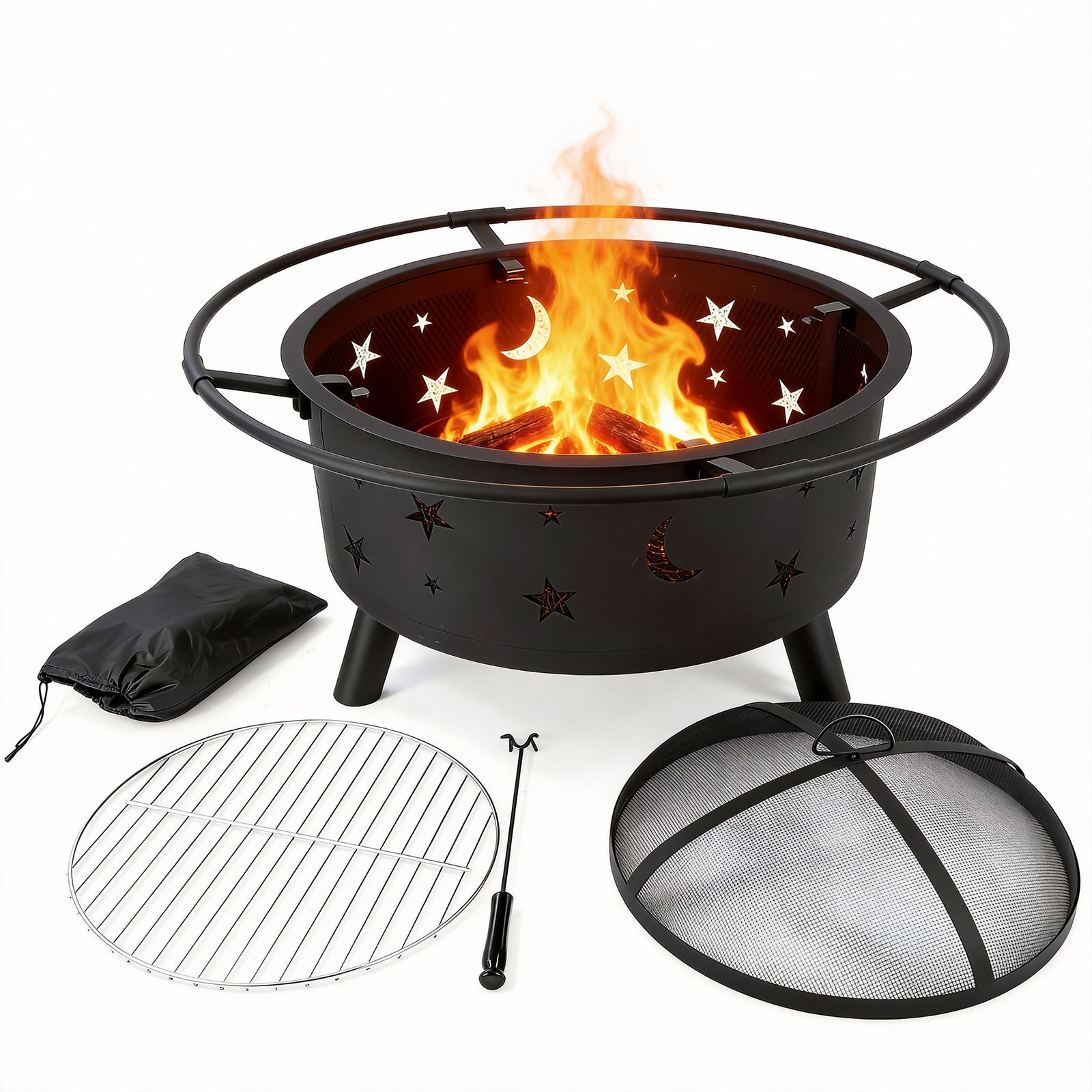 PATIO-IN 24 Inch Outdoor Fire Pit, Star and Moon Cutout Steel Fire Bowl with Mesh Spark Screen, Poker & Grate, Wood Burning Fire Pit for Patio Backyard Camping, Black