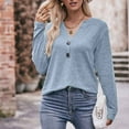 thumbnail image 5 of Black and Friday Deals 2023 Cotonie Women's V-Neck Solid Color Long Sleeve Tops Button T-shirt Casual Summer Autumn Blouse Basic Tops,Light Blue,S, 5 of 6