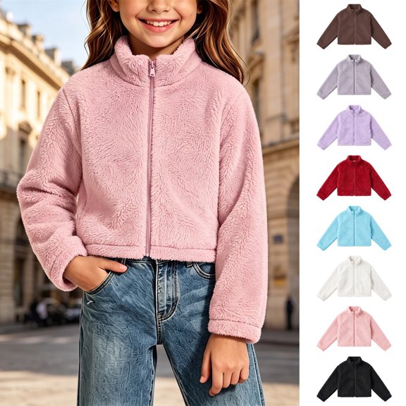 Jovrlynd Girls Cropped Jacket Sherpa Fleece Stand Collar Fuzzy Warm Winter Coats Soft Comfy Kids Outerwear