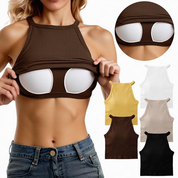 vigerkar Padded Tank Tops for Women Summer Built-in Bra Camisolse High Neck Casual Cami Tanks Top Sleeveless Basic Shirts (Coffee, One Size)