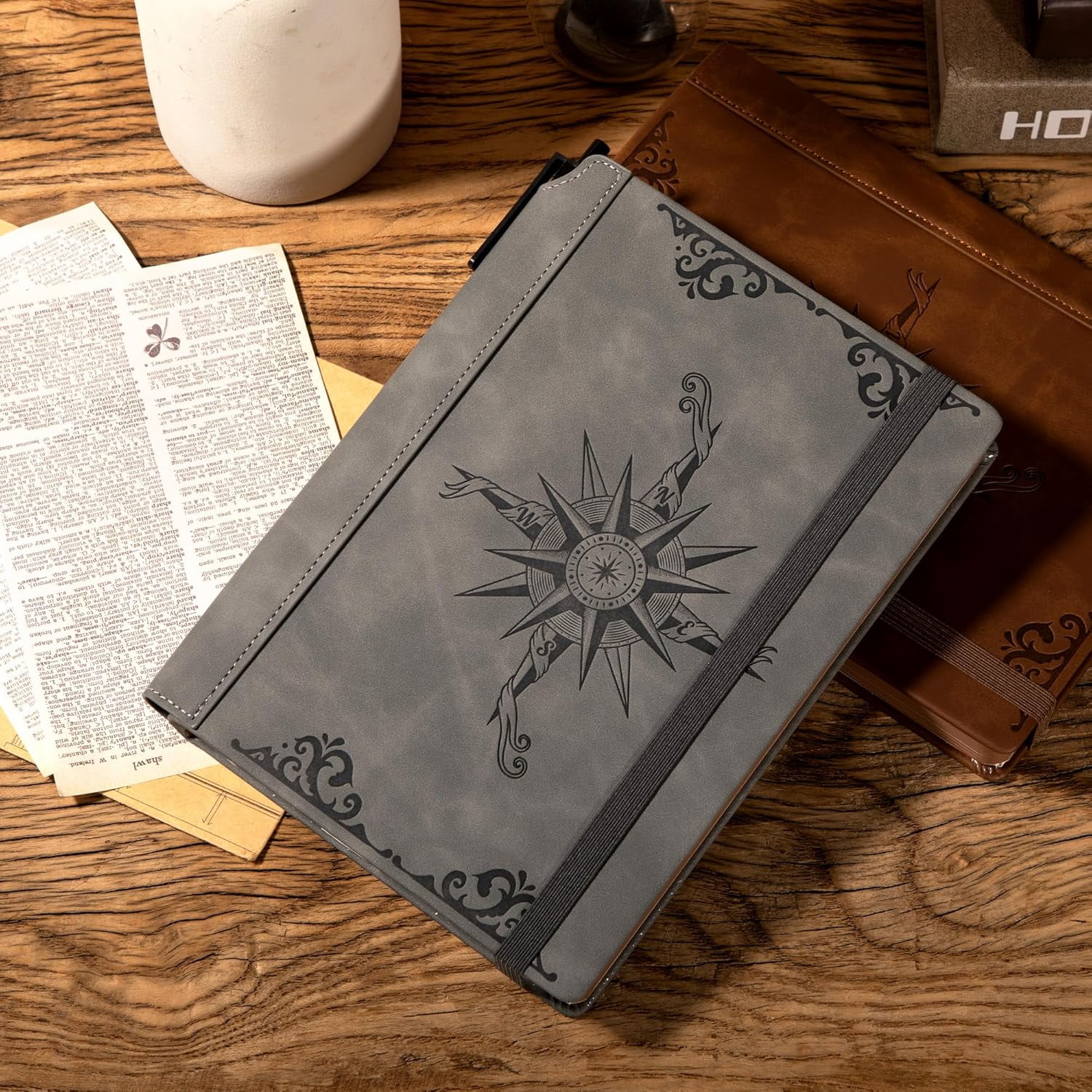 Compass Leather Notebook Journal for Men, 100 GSM 288 Pages Lined Journals for Writing, A5 Hardcover Journaling Notebooks Gift Set with Pen for Travel Office Daily Writing