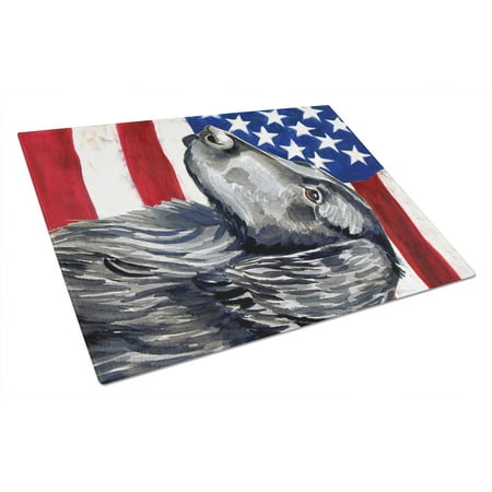 

Carolines Treasures LH9021LCB USA American Flag with Flat Coated Retriever Glass Cutting Board Large 12H x 16W