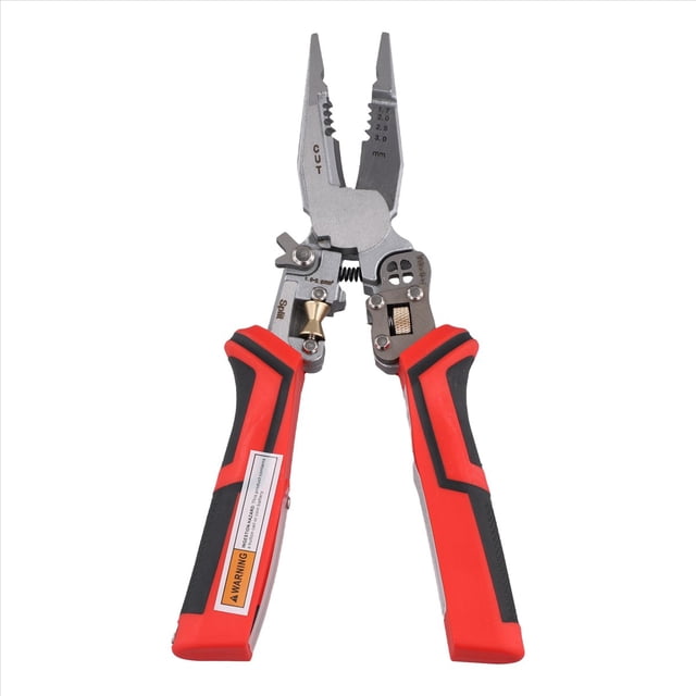 alicates pelacables 8 en 1 con comprobador de voltaje. Alicates pelacables versátiles, vista frontal con mangos rojos y negros de ABS y placa de acero al carbono, mandíbula con ranuras para pelar (0.6–2.6 mm), función de corte, crimpado y orificios de enrollado; comprobador eléctrico integrado detecta 12–250 V CA/CC y señala corriente o luz verde sin tensión; tamaño aprox. 21 x 6.5 x 2.8 cm. También suelen usarse para ordenar y enrollar cables en talleres domésticos.