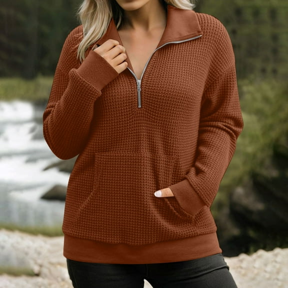 AGWOLF Waffle Knit Sweaters for Women Cozy Lapel Collar Quater Zip Up Pullover with Pocket Casual Solid Color Long Sleeve Tops