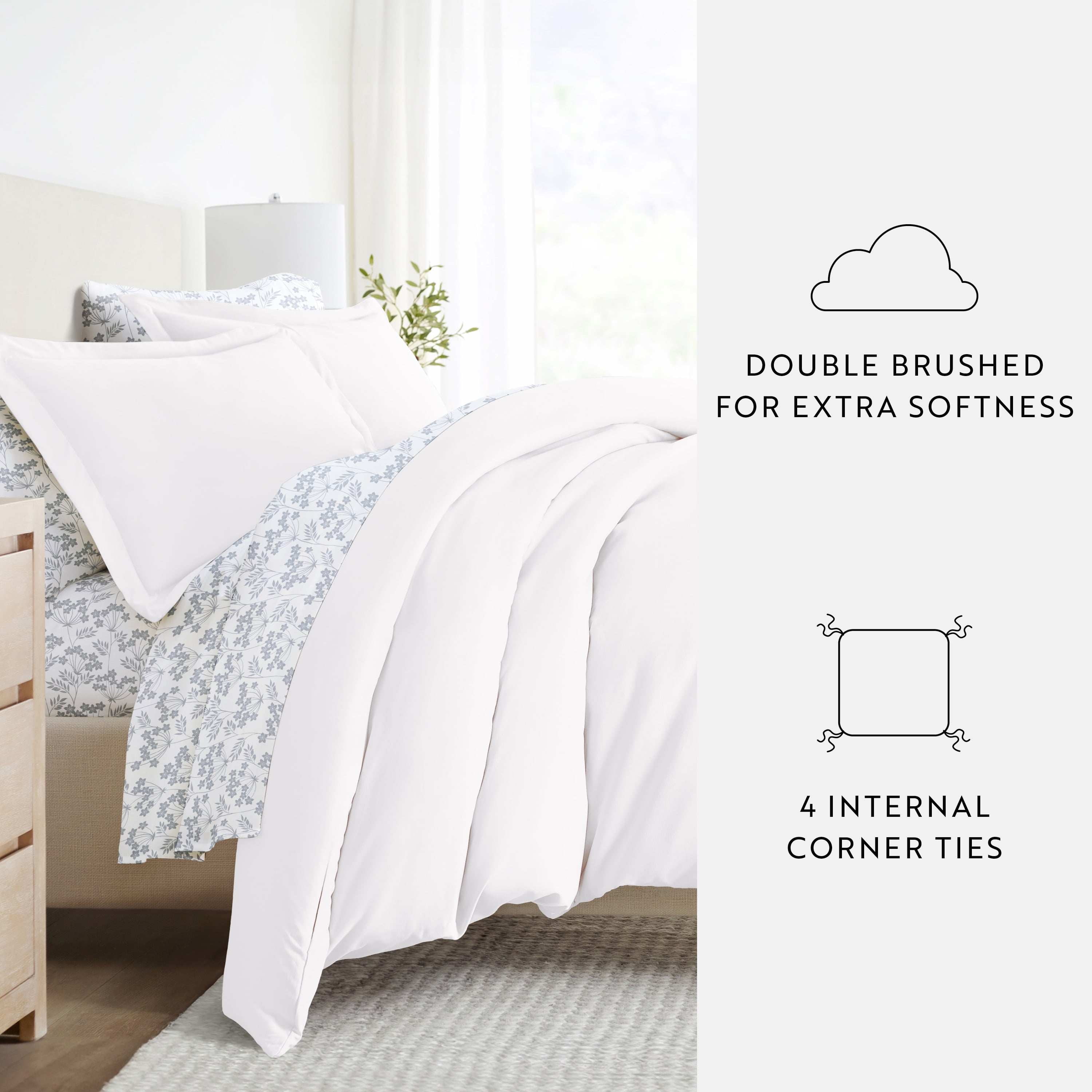 Comfort Canopy - California King Bedding Bundle, Solid Duvet Cover Set, White Comforter and Patterned Sheet Set