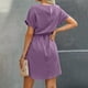 thumbnail image 3 of Vestido de Manga Corta para las Mujeres, Color Sólido Encaje Hasta Cintura Retracta Satén Tenedor Dividido, Cuello Redondo Midi, 3 of 8
