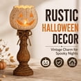 thumbnail image 3 of Rustic White Pumpkin Tealight Candle Holder Set of 3, Farmhouse Jack O Lantern Tea Light Holders with Wood Look Pedestal and Jute Bow, 3 of 7