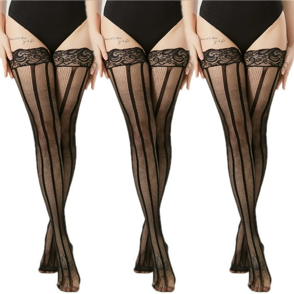 3Pcs Women’s Sexy Nylon Versatile Fine Fishnet Thigh Striped High Stockings