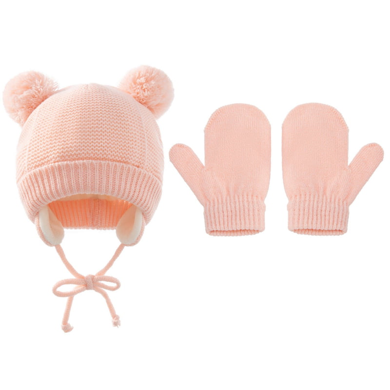 Cute Thick Earflap Hat with Gloves Pink Baby Pom Warm Winter Hat Set