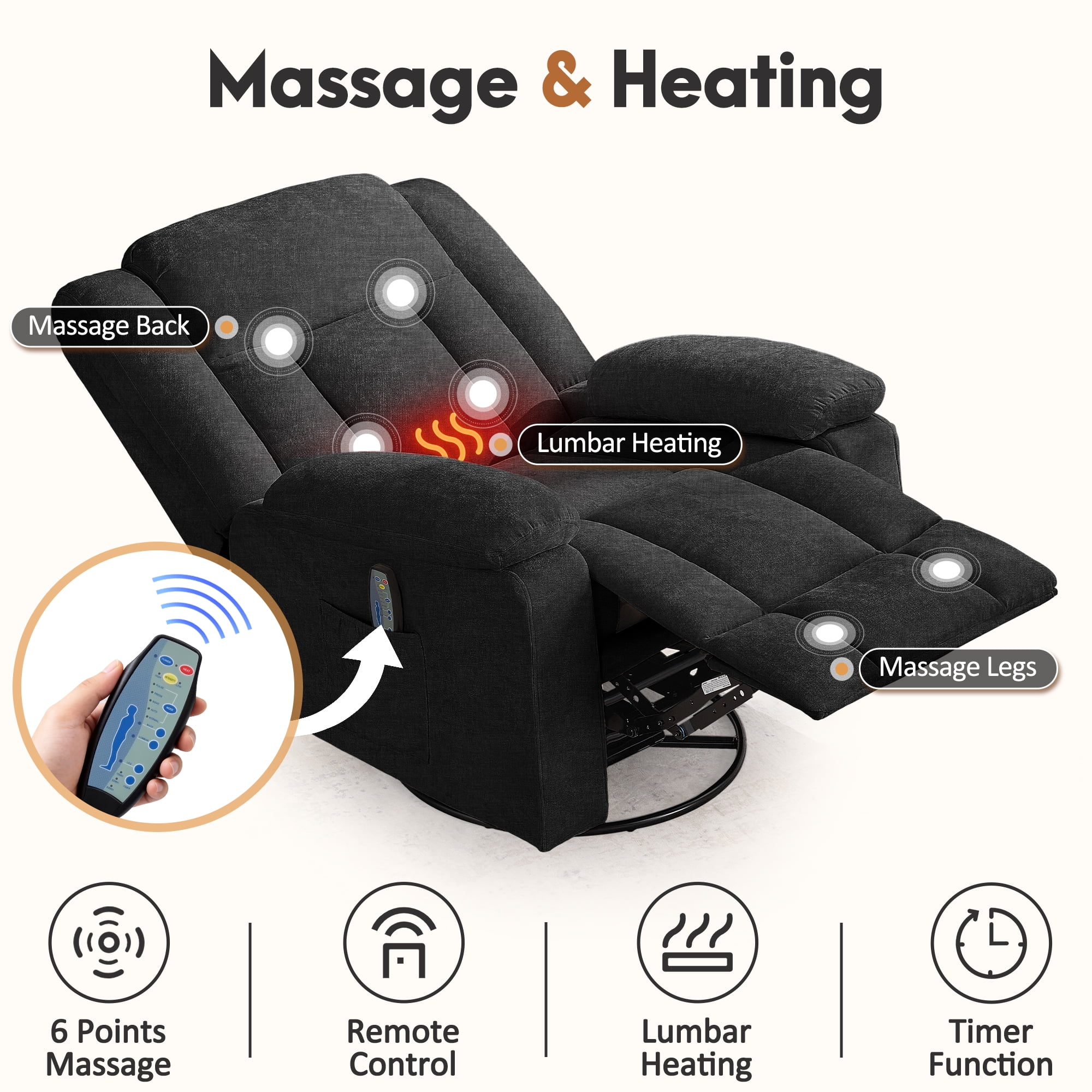 Korser 360°Swivel Rocker Recliner with Massage and Heating,Rocker Recliner Chair for Adults with Side Pockets Nursery Glider Recliner for Living Room,Chenille,Black