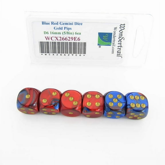 Blue and Red Gemini Dice with Gold Pips D6 16mm (5/8in) Pack of 6 Wondertrail